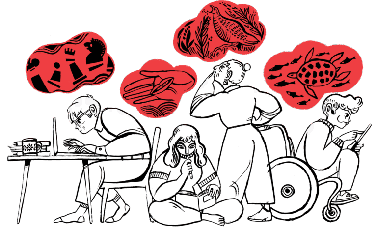 A group of writers working on their books, ideas above them in thought bubbles – Candice Purwin illustration