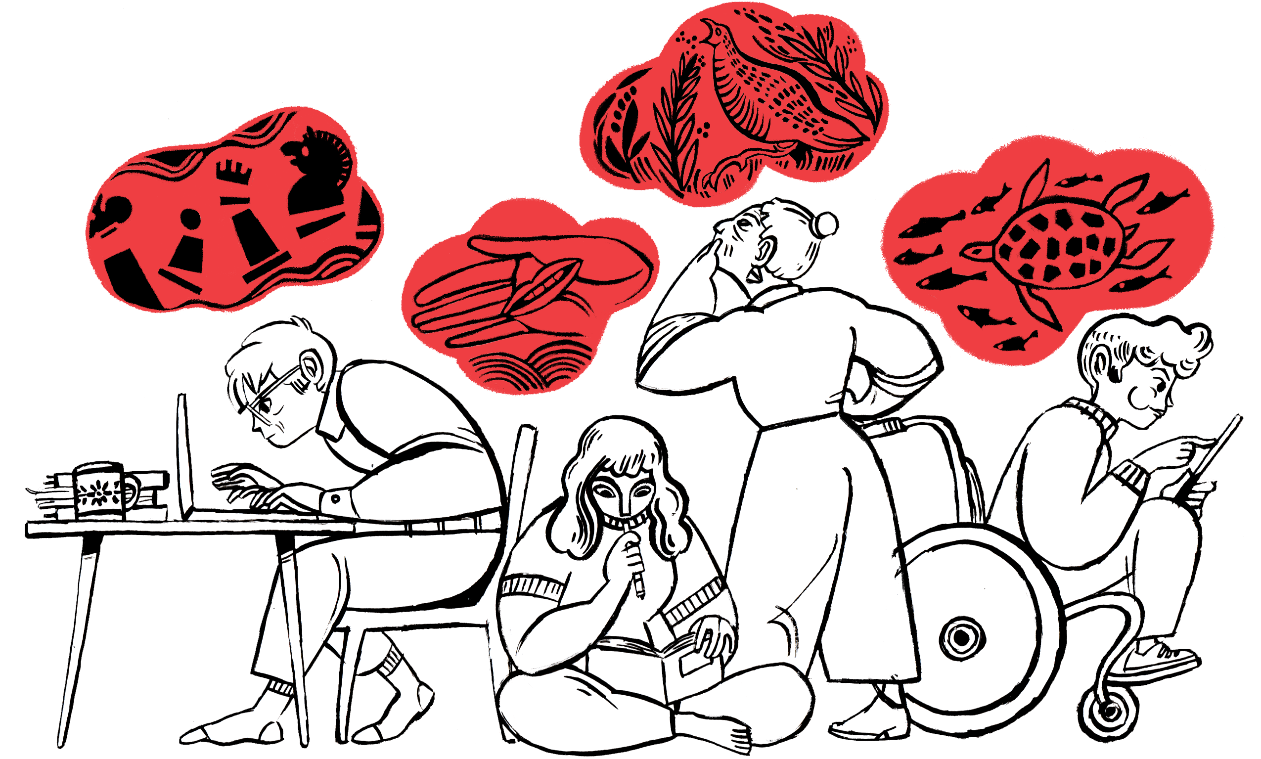 A group of writers working on their books, ideas above them in thought bubbles – Candice Purwin illustration