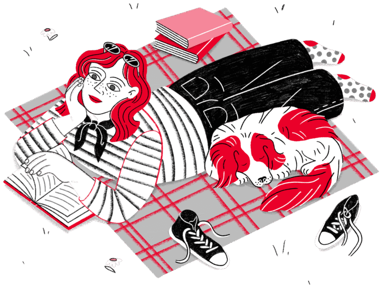 A woman lying on a picnic blanket reading beside a dog – Jagoda Sadowska illustration