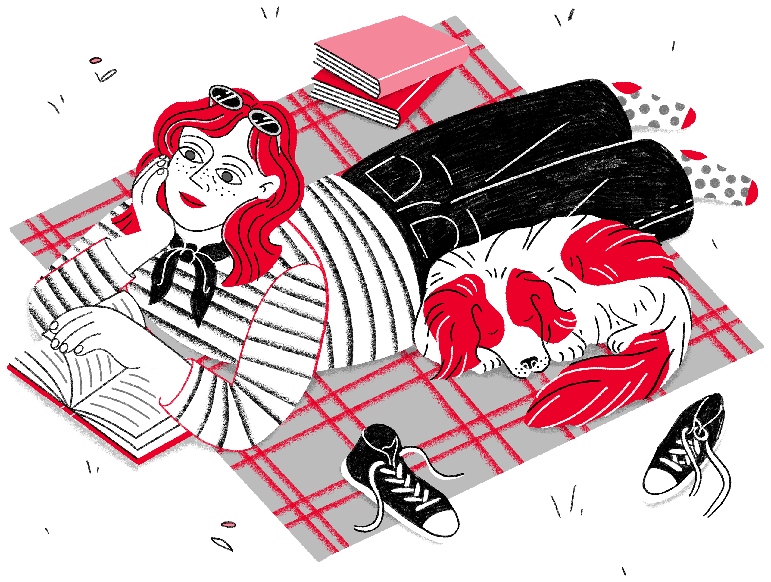 A woman lying on a picnic blanket reading beside a dog – Jagoda Sadowska illustration